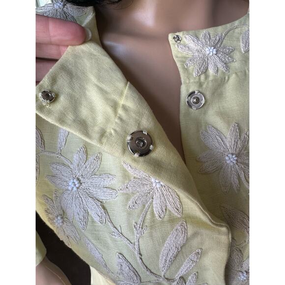 Anthropology Plenty Yellow Linen & White embroidered Beaded Coat size 6 - Picture 17 of 17